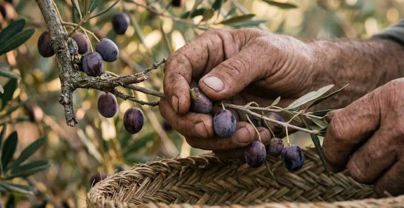 Gros plan sur des mains expertes récoltant des olives dans un panier en osier traditionnel