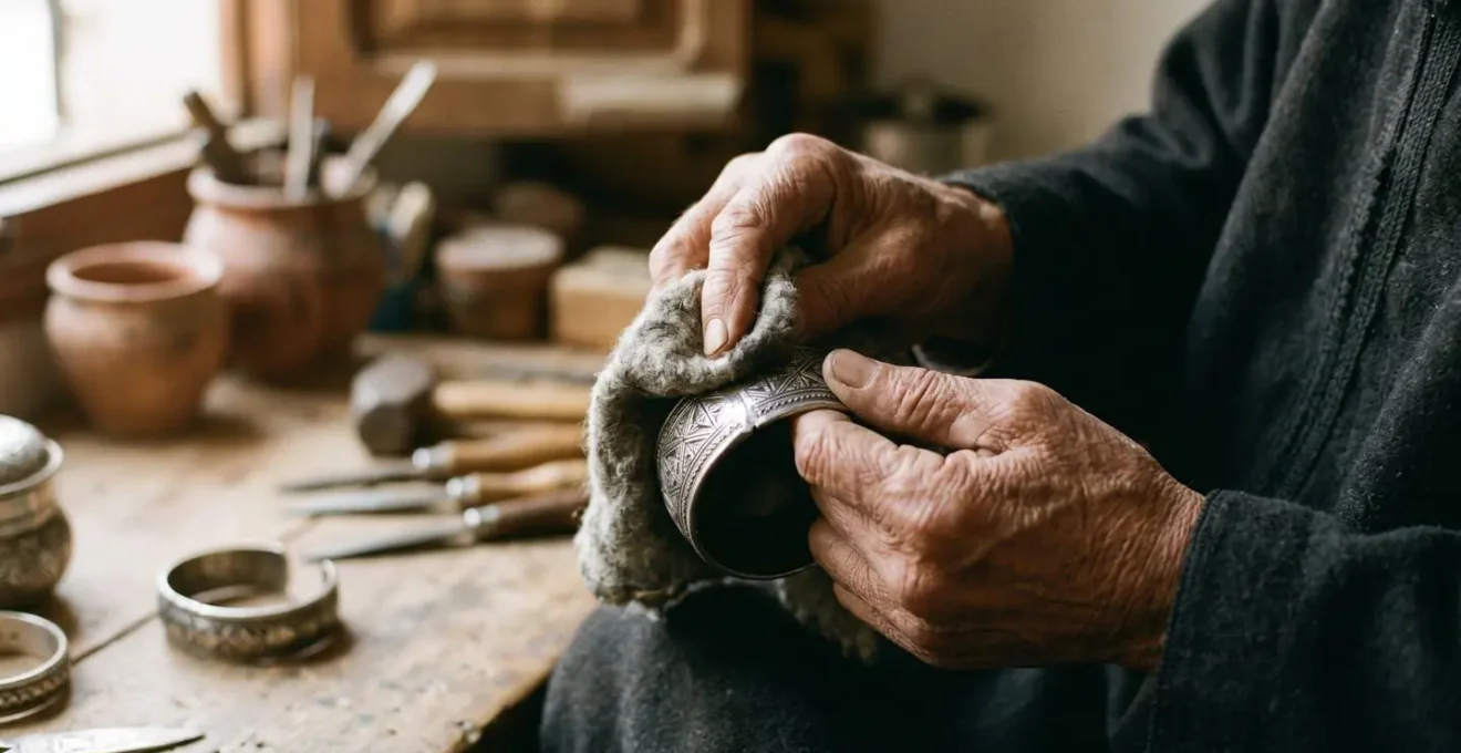 Mains expertes nettoyant délicatement un bracelet berbère en argent avec un tissu traditionnel en laine