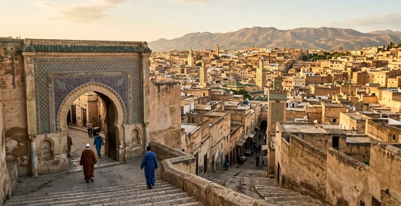 Vue panoramique de Bab Boujloud et de la médina de Fès en contrebas