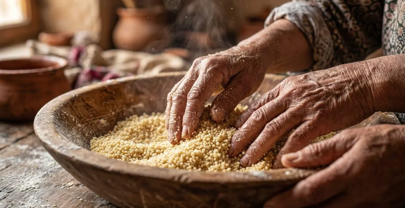 Mains expertes roulant la semoule de couscous dans un grand plat en bois traditionnel