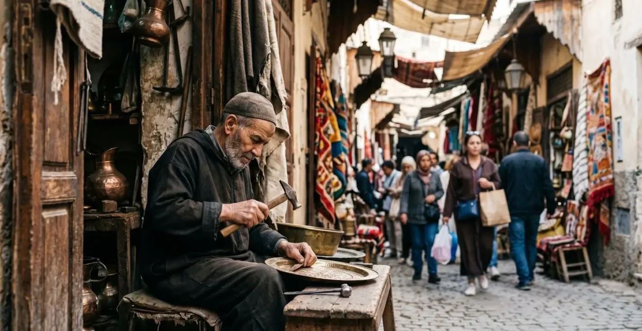 Vue immersive de la rue Talaa Kebira avec ses commerces traditionnels et l'animation typique