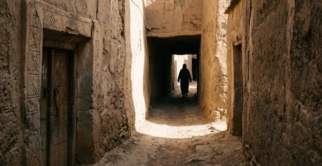 Ruelles étroites d'un ksar avec jeu d'ombres et lumières sur les murs en pisé