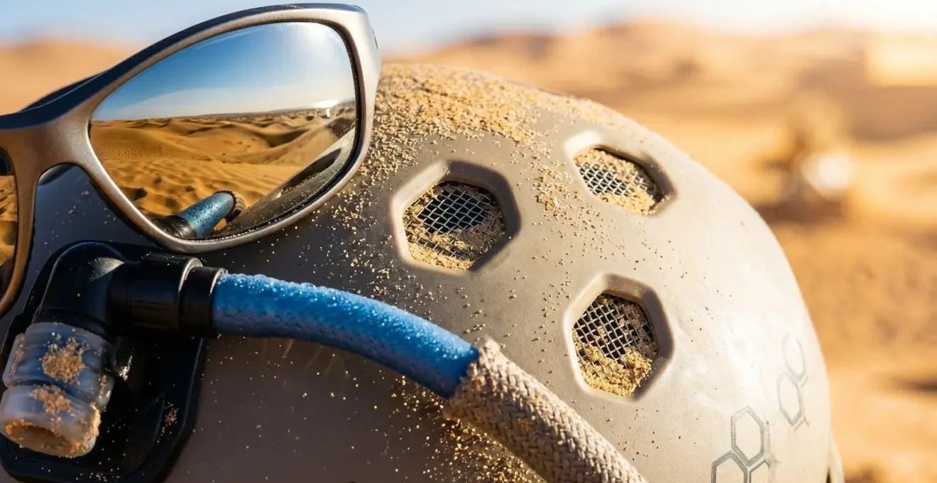 Sandboarder correctement équipé avec casque ventilé et protection solaire dans les dunes