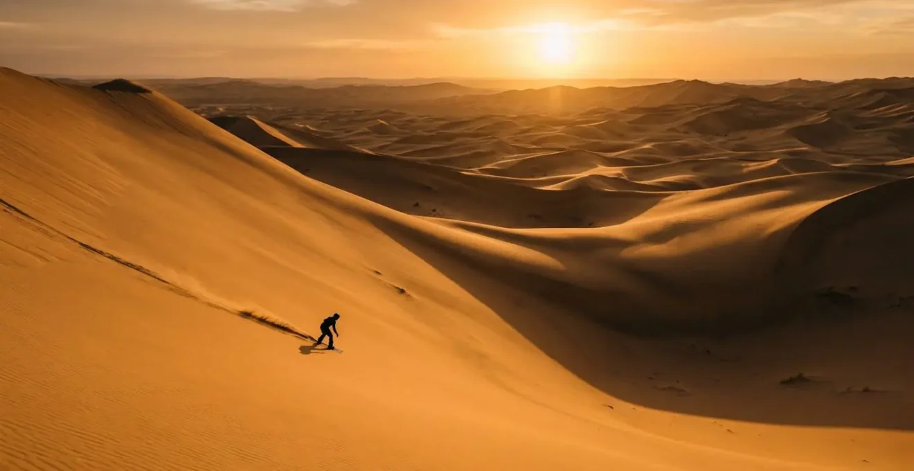 Session de sandboarding au crépuscule avec lumière dorée rasante sur les dunes