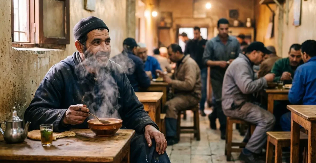 Intérieur d'un snack populaire marocain servant la harira le matin