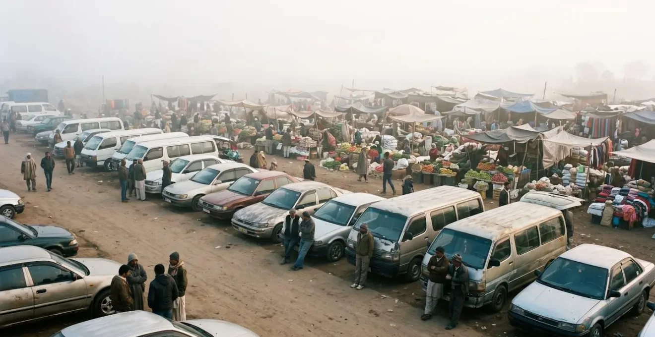 Station informelle de taxis collectifs près d'un marché animé avec chauffeurs attendant des passagers