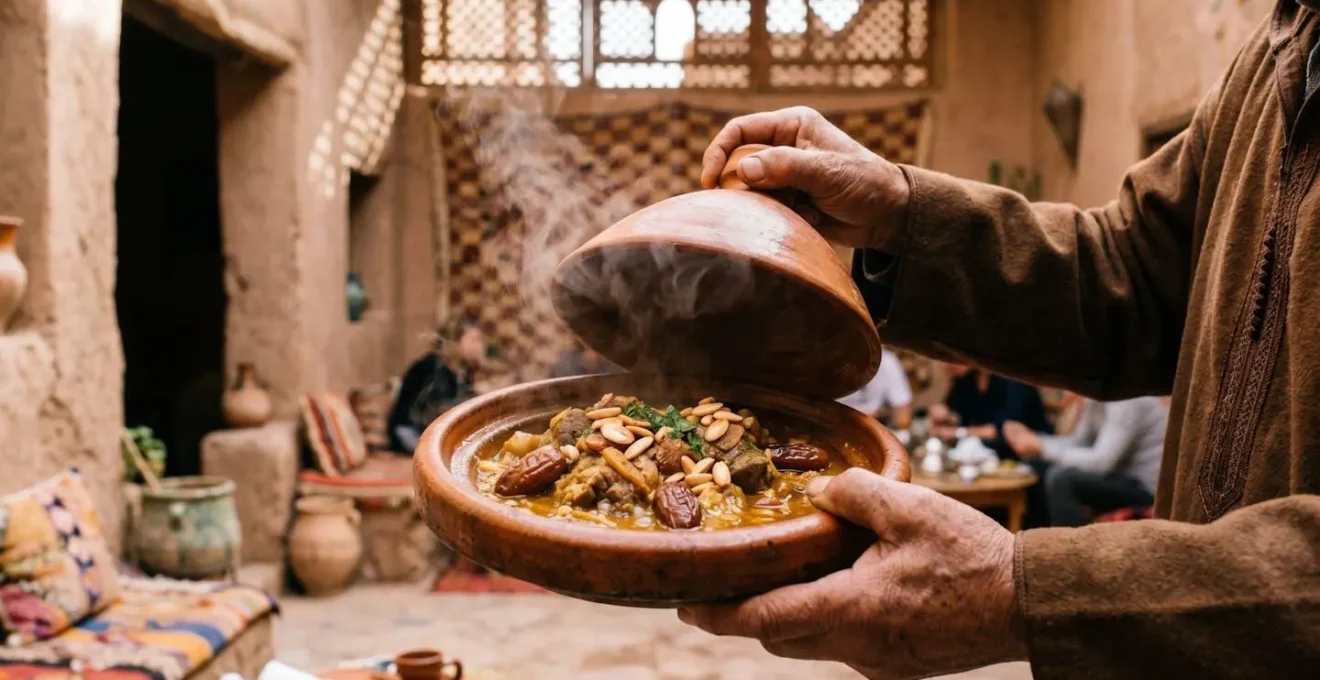 Tagine traditionnel aux dattes et amandes servi dans une kasbah authentique du sud marocain