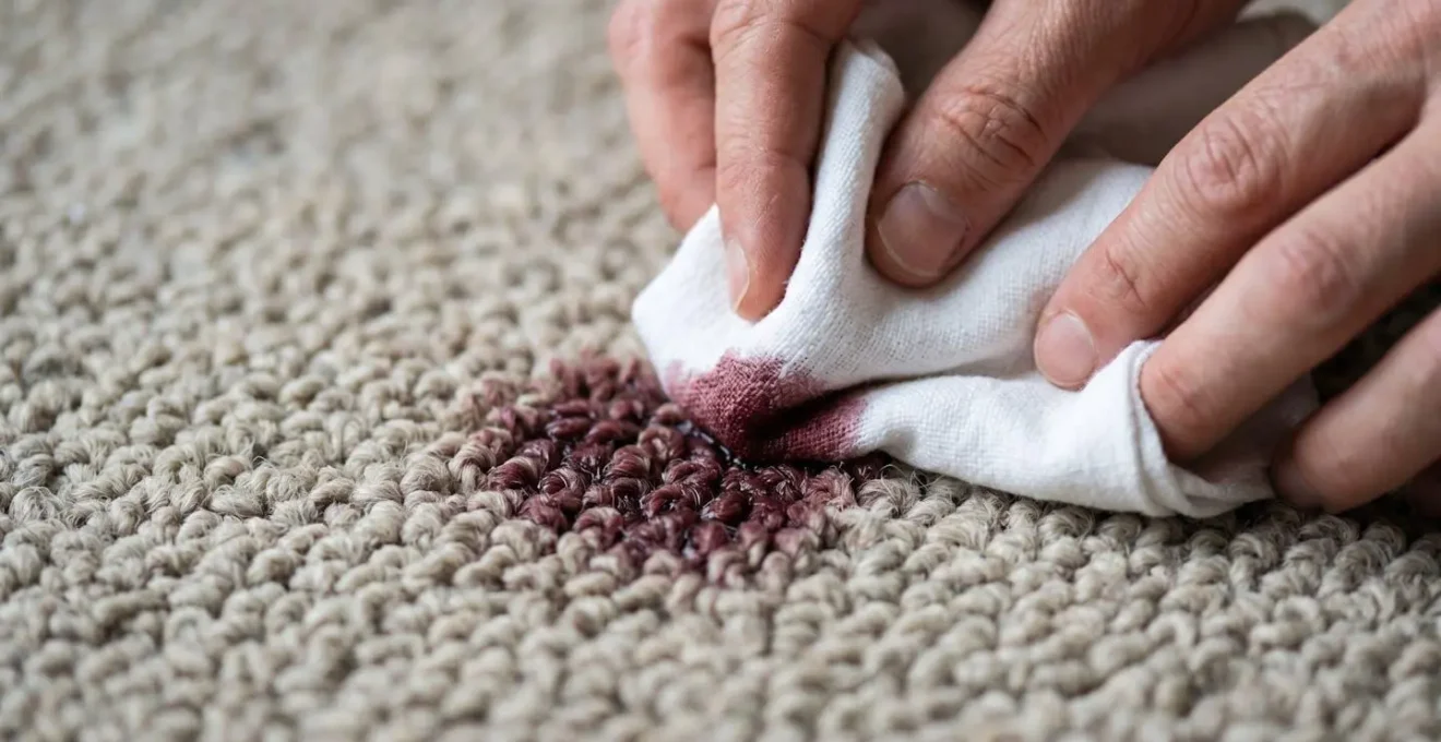Mains expertes nettoyant délicatement une tache sur un tapis en laine avec des produits naturels
