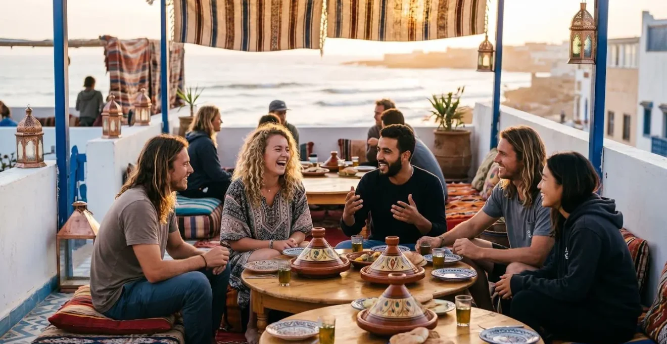 Groupe de surfeurs partageant un repas sur une terrasse marocaine au coucher du soleil avec vue océan