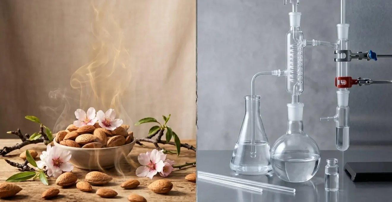 Comparaison visuelle entre amandes naturelles et arôme synthétique symbolique