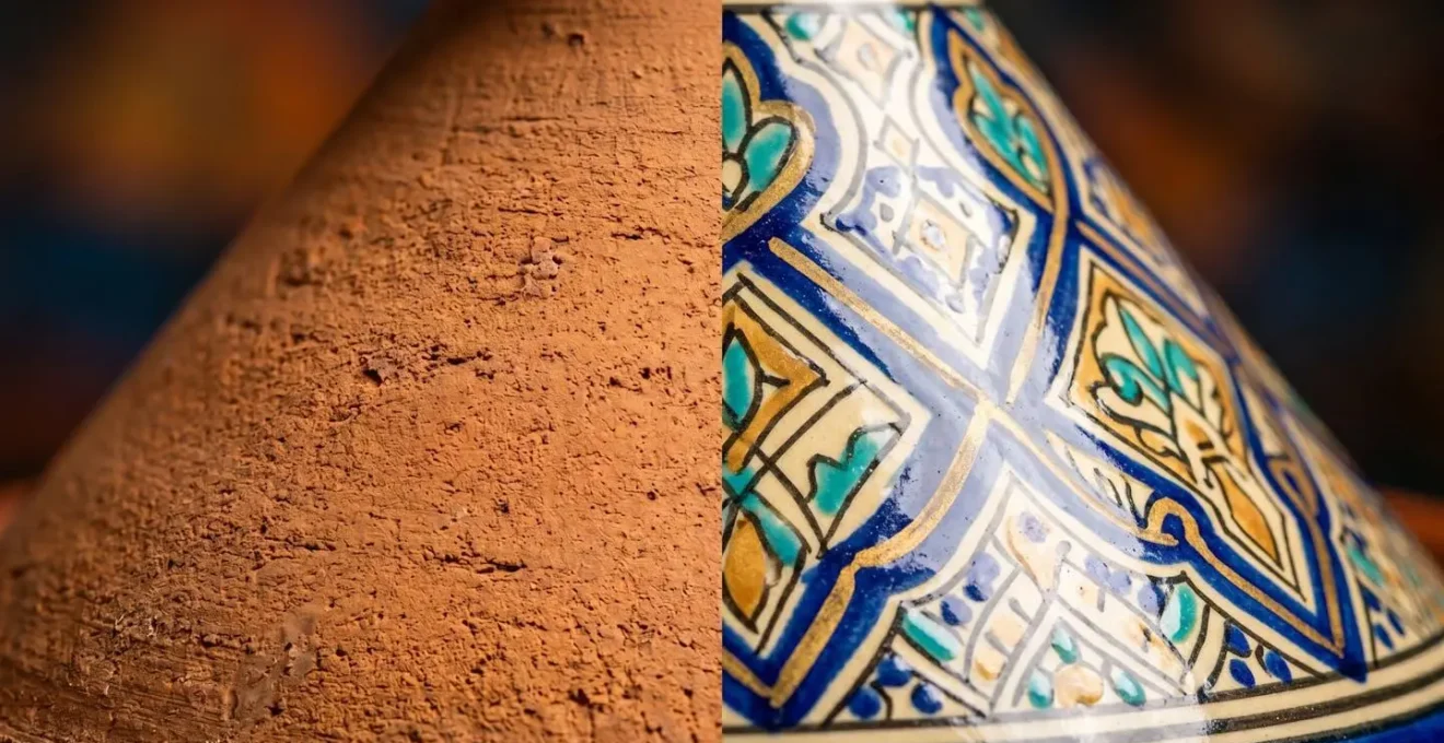 Comparaison visuelle entre un tajine culinaire et un tajine décoratif montrant les différences de texture