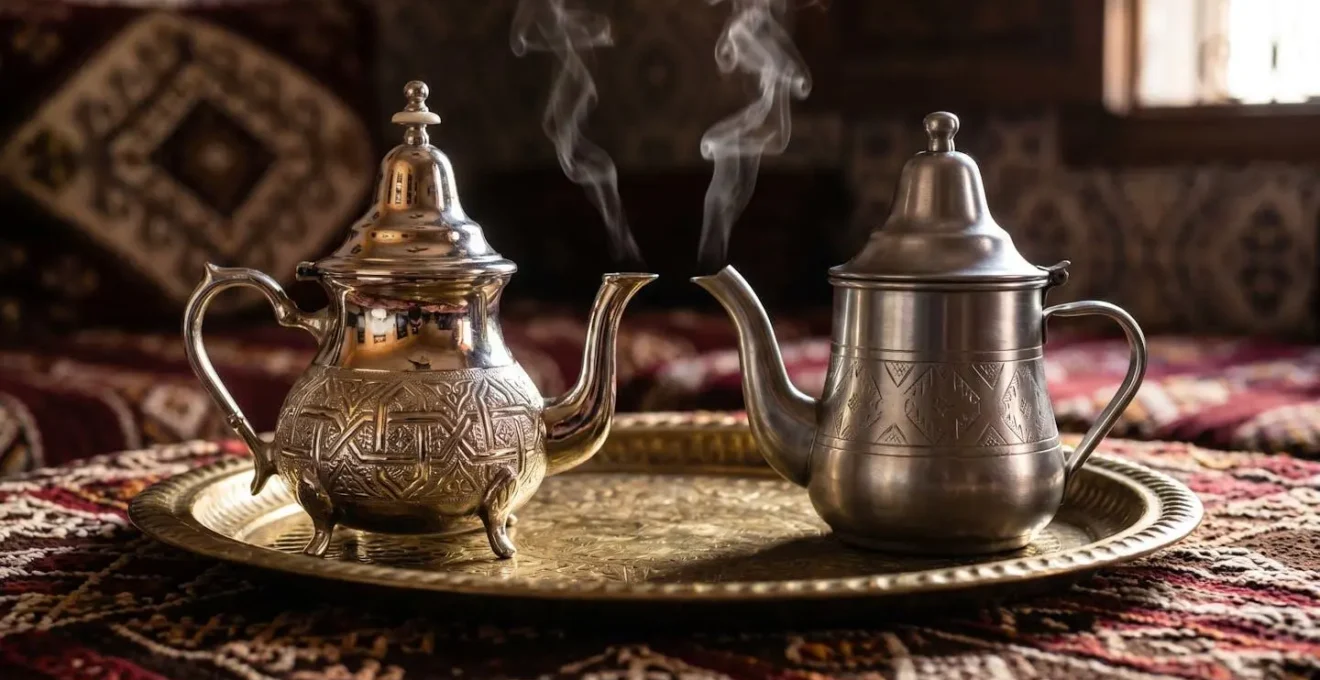 Théières marocaines en argent ciselé et inox posées sur plateau traditionnel