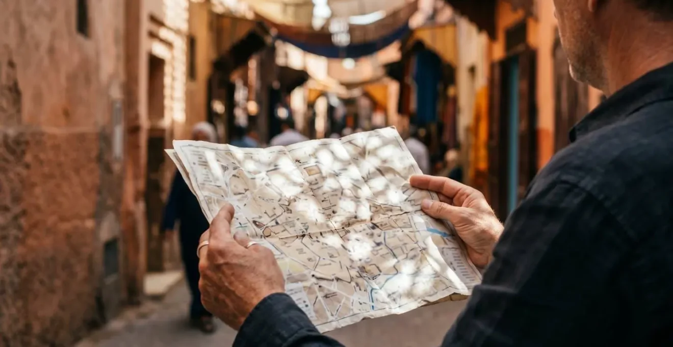 Touriste consultant une carte papier dans une ruelle ombragée de la médina de Marrakech