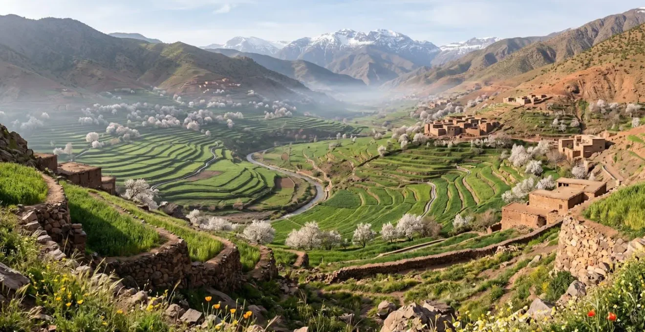 Vue aérienne d'une vallée de l'Atlas avec terrasses agricoles verdoyantes au printemps
