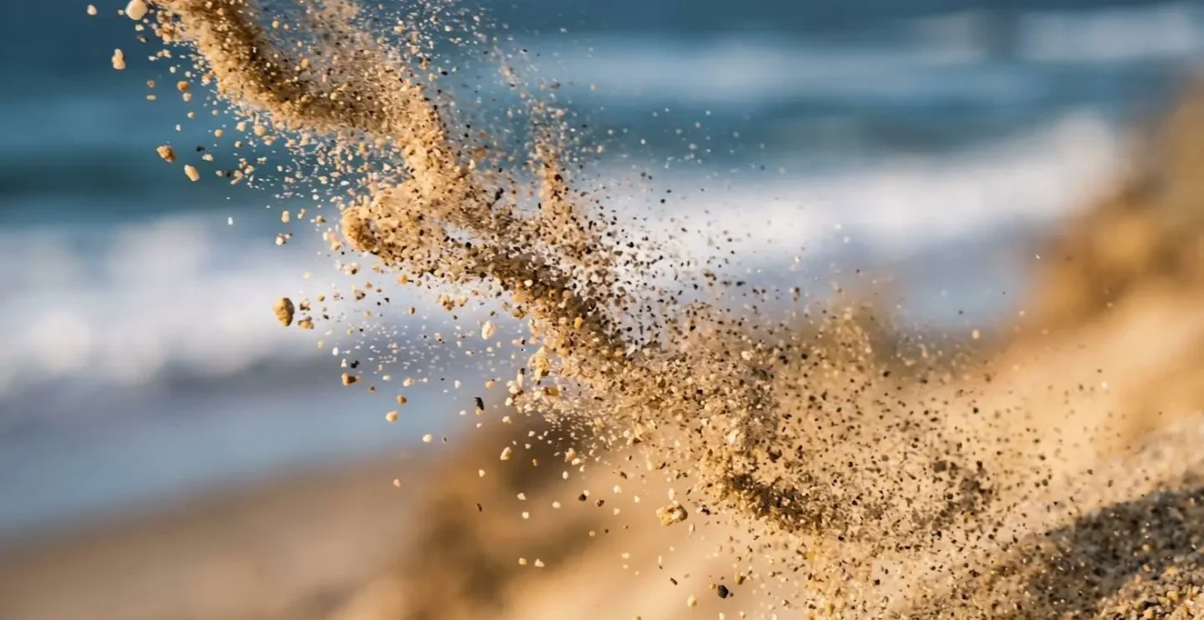 Vue macro des grains de sable soulevés par le vent créant des motifs abstraits