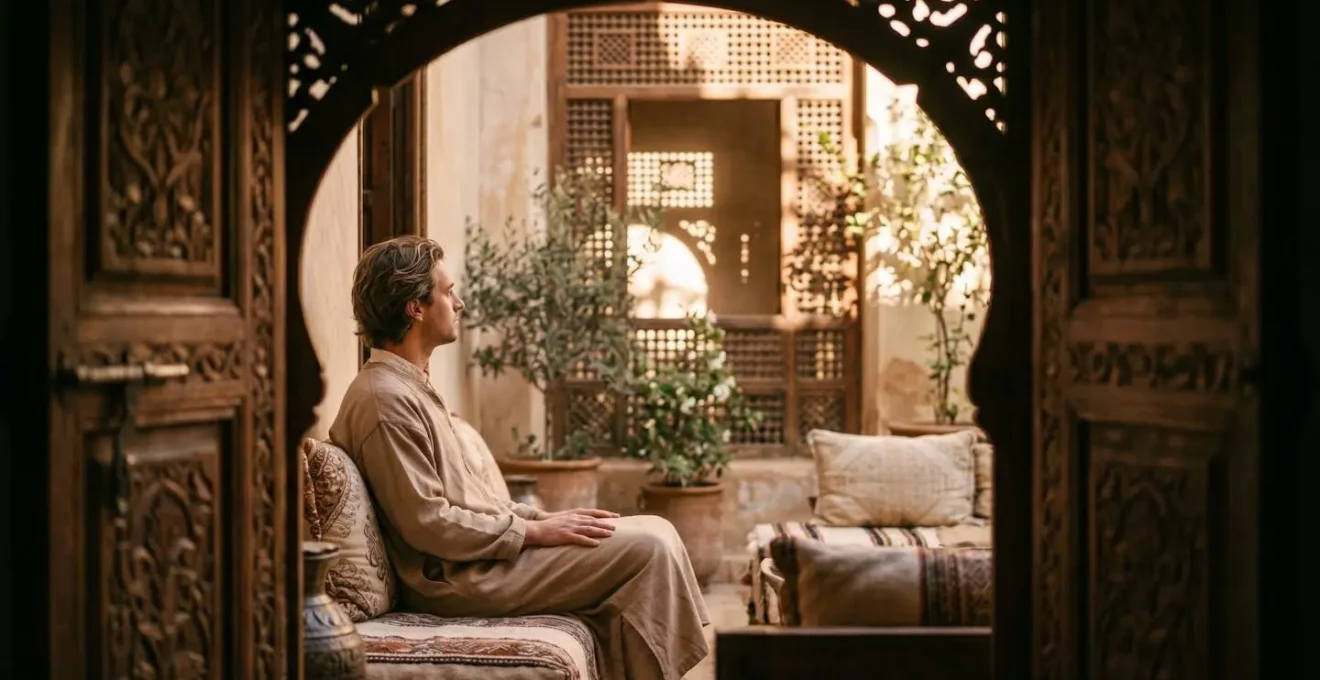 Chambre de riad donnant sur le patio intérieur avec moucharabieh et décoration traditionnelle