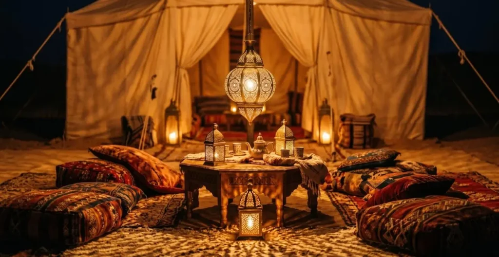 Intérieur d'une tente de luxe éclairée par des lanternes artisanales marocaines Intérieur d'une tente de luxe éclairée par des lanternes artisanales marocaines