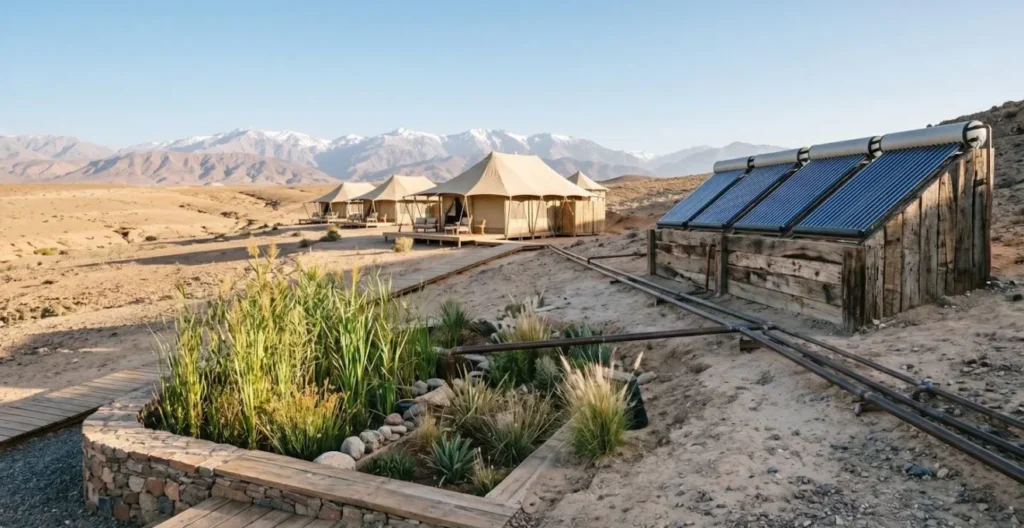 Système de phytoépuration et chauffe-eau solaire dans un camp de luxe du désert Système de phytoépuration et chauffe-eau solaire dans un camp de luxe du désert